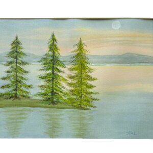 Painting Watercolor Evergreen Tree Lake Landscape Green Blue11x14 & Mat 16x20